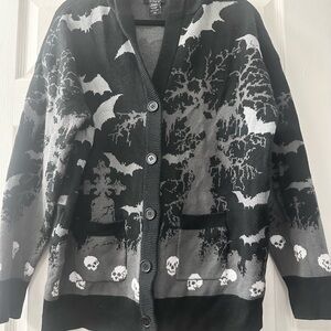 Hot Topic Black and Gray Bat & Skull Cardigan Sweater